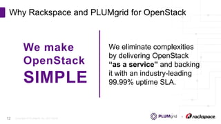 Copyright © PLUMgrid, Inc. 2011-2016
Why Rackspace and PLUMgrid for OpenStack
12
We make
OpenStack
SIMPLE
We eliminate complexities
by delivering OpenStack
“as a service” and backing
it with an industry-leading
99.99% uptime SLA.
 