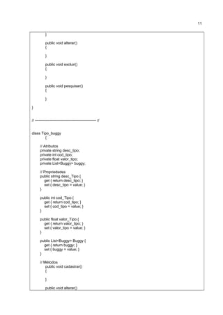 }
public void alterar()
{
}
public void excluir()
{
}
public void pesquisar()
{
}
}
// ------------------------------------------------- //
class Tipo_buggy
{
// Atributos
private string desc_tipo;
private int cod_tipo;
private float valor_tipo;
private List<Buggy> buggy;
// Propriedades
public string desc_Tipo {
get { return desc_tipo; }
set { desc_tipo = value; }
}
public int cod_Tipo {
get { return cod_tipo; }
set { cod_tipo = value; }
}
public float valor_Tipo {
get { return valor_tipo; }
set { valor_tipo = value; }
}
public List<Buggy> Buggy {
get { return buggy; }
set { buggy = value; }
}
// Métodos
public void cadastrar()
{
}
public void alterar()
11
 