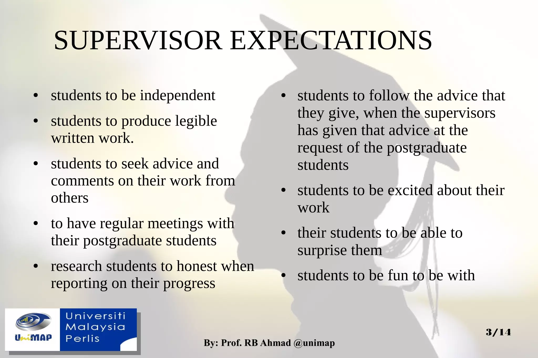 By: Prof. RB Ahmad @unimapBy: Prof. RB Ahmad @unimap
3/14
SUPERVISOR EXPECTATIONS
● students to be independent
● students to produce legible
written work.
● students to seek advice and
comments on their work from
others
● to have regular meetings with
their postgraduate students
● research students to honest when
reporting on their progress
● students to follow the advice that
they give, when the supervisors
has given that advice at the
request of the postgraduate
students
● students to be excited about their
work
● their students to be able to
surprise them
● students to be fun to be with
 