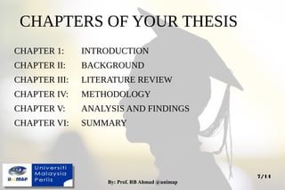 By: Prof. RB Ahmad @unimapBy: Prof. RB Ahmad @unimap
7/14
CHAPTERS OF YOUR THESIS
CHAPTER 1: INTRODUCTION
CHAPTER II: BACKGROUND
CHAPTER III: LITERATURE REVIEW
CHAPTER IV: METHODOLOGY
CHAPTER V: ANALYSIS AND FINDINGS
CHAPTER VI: SUMMARY
 