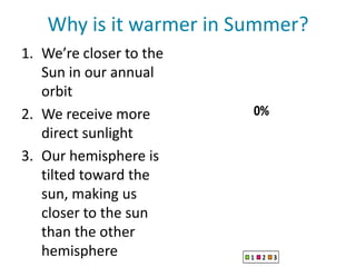 Why is it warmer in Summer?
0%0%0%
1 2 3
1. We’re closer to the
Sun in our annual
orbit
2. We receive more
direct sunlight
3. Our hemisphere is
tilted toward the
sun, making us
closer to the sun
than the other
hemisphere
 