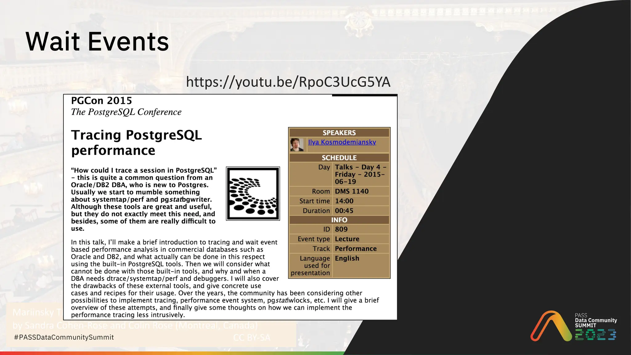 Mariinsky Theatre, St. Petersburg
by Sandra Cohen-Rose and Colin Rose (Montreal, Canada)
CC BY-SA
#PASSDataCommunitySummit
Wait Events
https://youtu.be/RpoC3UcG5YA
 