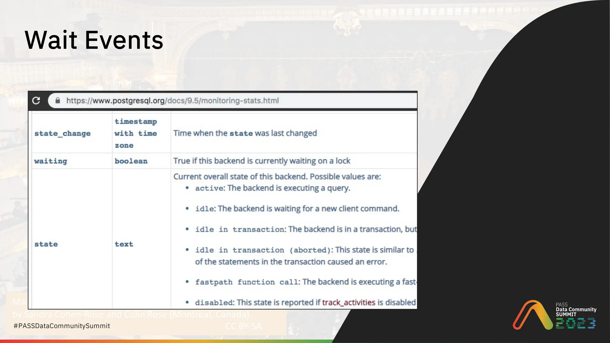 Mariinsky Theatre, St. Petersburg
by Sandra Cohen-Rose and Colin Rose (Montreal, Canada)
CC BY-SA
#PASSDataCommunitySummit
Wait Events
 