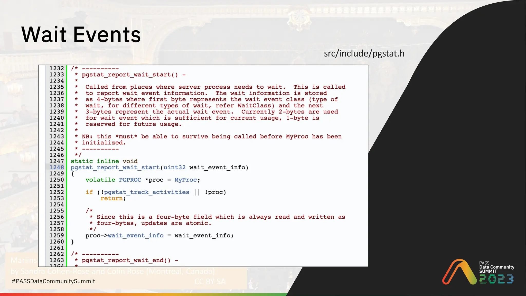 Mariinsky Theatre, St. Petersburg
by Sandra Cohen-Rose and Colin Rose (Montreal, Canada)
CC BY-SA
#PASSDataCommunitySummit
Wait Events
src/include/pgstat.h
 