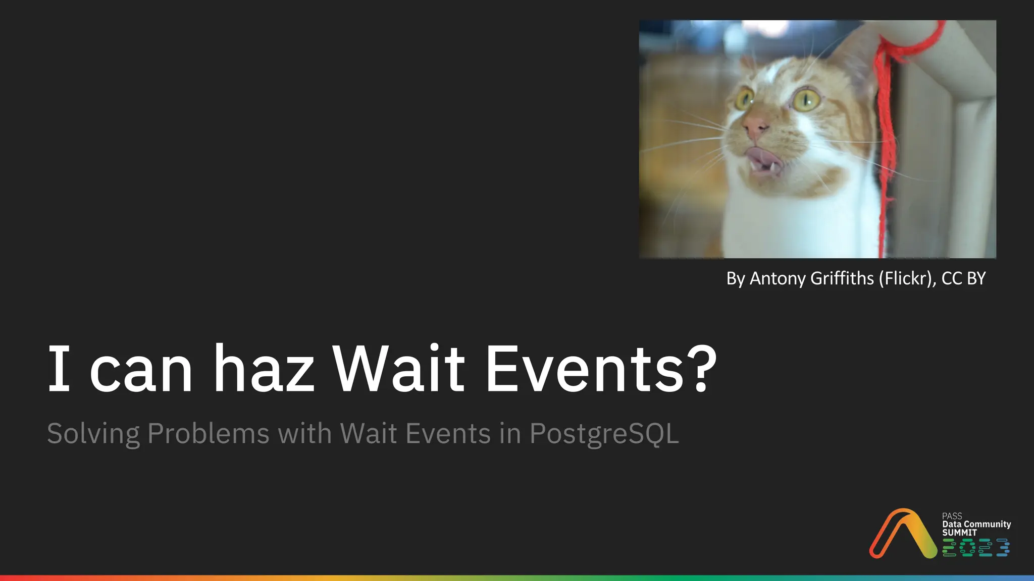 I can haz Wait Events?
Solving Problems with Wait Events in PostgreSQL
By Antony Griffiths (Flickr), CC BY
 