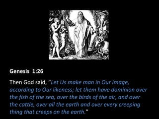Genesis 1:26
Then God said, “Let Us make man in Our image,
according to Our likeness; let them have dominion over
the fish of the sea, over the birds of the air, and over
the cattle, over all the earth and over every creeping
thing that creeps on the earth.”
 