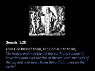 Genesis 1:28
Then God blessed them, and God said to them,
“Be fruitful and multiply; fill the earth and subdue it;
have dominion over the fish of the sea, over the birds of
the air, and over every living thing that moves on the
earth.”
 