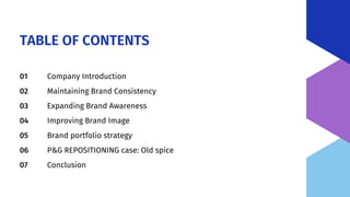 TABLE OF CONTENTS
Company Introduction
Maintaining Brand Consistency
Expanding Brand Awareness
Improving Brand Image
Brand portfolio strategy
P&G REPOSITIONING case: Old spice
Conclusion
01
02
03
04
05
06
07
 