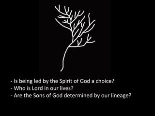 - Is being led by the Spirit of God a choice?
- Who is Lord in our lives?
- Are the Sons of God determined by our lineage?
 