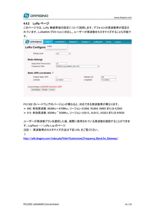 www.dragino.com
PG1302 LoRaWAN Concentrator 14 / 29
4.4.2 LoRa ページ
このページでは、LoRa 無線帯域の設定について説明します。デフォルトの周波数帯が設定さ
れています。LoRaWAN プロトコルに対応し、ユーザーが周波数をカスタマイズすることも可能で
す。
PG1302 のハードウェアのバージョンが異なると、対応できる周波数帯が異なります。
➢ 868: 有効周波数：863Mhz〜870Mhz。リージョン EU868, RU864, IN865 または KZ865
➢ 915: 有効周波数：902Mhz ~ 928Mhz。リージョン US915、AU915、AS923 または KR920
ユーザーが周波数プランを選択した後、実際に使用されている周波数を確認することができま
す。LogRead --> LoRa Log のページ
注記！: 周波数帯のカスタマイズ方法は下記 URL をご覧ください。
↓
http://wiki.dragino.com/index.php?title=Customized_Frequency_Band_for_Gateway/
 