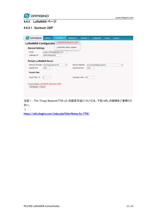 www.dragino.com
PG1302 LoRaWAN Concentrator 15 / 29
4.4.3 LoRaWAN ページ
4.4.3.1 Semtech UDP
注記！：:The Things Newtork(TTN v3) の設定方法については、下記 URL の説明をご参照くだ
さい。
↓
https://wiki.dragino.com/index.php?title=Notes_for_TTN/
 