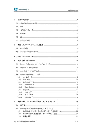 www.dragino.com
PG1302 LoRaWAN Concentrator 2 / 29
1. イントロダクション................................................................................................................................................4
1.1 PG1302 LoRaWAN Hat とは?............................................................................................................................4
1.2 特徴.............................................................................................................................................................................4
1.3 一般インターフェース............................................................................................................................................5
1.4 ピン配置 ....................................................................................................................................................................5
1.5 LED..............................................................................................................................................................................5
61.7 アプリケーション .....................................................................................................................................................6
2. 事例: LoRaWAN ゲートウェイとして設定. ....................................................................................................7
2.1 システム構造...........................................................................................................................................................8
2.2 ハードウェイインターフェース............................................................................................................................9
3. ソフトウェアインストール?.................................................................................................................................9
4. プリビルドイメージの Flash ............................................................................................................................10
4.1 Rasberry Pi 用 Dragino イメージのダウンロード.....................................................................................10
4.2 SD カードにイメージを Flash...........................................................................................................................10
4.3 Linux のコンソールにアクセス.......................................................................................................................11
4.4 Rasberry Pi4 の WebUI にアクセス..............................................................................................................12
4.4.1 ホームページ ............................................................................................................................................12
4.4.2 LoRa ページ ..............................................................................................................................................14
4.4.3 LoRaWAN ページ.....................................................................................................................................15
4.4.3.1 Semtech UDP .....................................................................................................................................15
4.4.3.2 Basic Station.......................................................................................................................................16
4.4.4 LogRead ......................................................................................................................................................17
4.4.4.1 LoRa ログ..............................................................................................................................................17
4.4.4.2 System ログ.........................................................................................................................................18
4.4.4.3 Record ログ .........................................................................................................................................18
5. スタンドアローン LoRa パケットフォワーダーのインストール ..............................................................19
5.1 OS 仕様 ..................................................................................................................................................................19
5.2 Raspberry Pi で Gateway ID を取得、TTN v3 に入力..........................................................................19
5.2.1 LoRaWAN パケットフォワ―ダ―ダウンロードとインストール ................................................22
5.2.2 ゲートウェイ ID、周波数帯域、サーバーアドレス設定.............................................................24
5.2.3 結果を確認................................................................................................................................................27
 