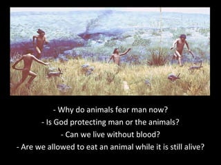 - Why do animals fear man now?
- Is God protecting man or the animals?
- Can we live without blood?
- Are we allowed to eat an animal while it is still alive?
 