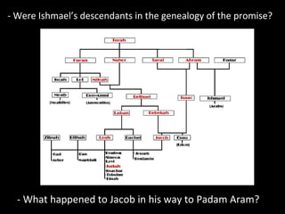 - Were Ishmael’s descendants in the genealogy of the promise?
- What happened to Jacob in his way to Padam Aram?
 