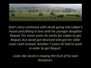 God’s story continues with Jacob going into Laban’s
house and falling in love with his younger daughter
Raquel. For seven years he works for Laban to get
Raquel, but Jacob got deceived and got her older
sister Leah instead. Another 7 years he had to work
in order to get Raquel.
Looks like Jacob is reaping the fruit of his own
deception.
 