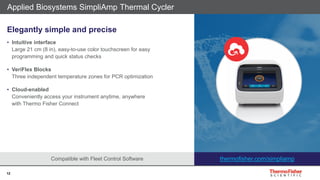 12
Compatible with Fleet Control Software
Applied Biosystems SimpliAmp Thermal Cycler
Elegantly simple and precise
• Intuitive interface
Large 21 cm (8 in), easy-to-use color touchscreen for easy
programming and quick status checks
• VeriFlex Blocks
Three independent temperature zones for PCR optimization
• Cloud-enabled
Conveniently access your instrument anytime, anywhere
with Thermo Fisher Connect
thermofisher.com/simpliamp
 