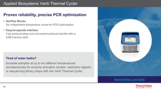 13
Tired of water baths?
Incubate samples at up to six different temperatures
simultaneously for enzyme activation studies, restriction digests,
or sequencing library preps with the Veriti Thermal Cycler.
Applied Biosystems Veriti Thermal Cycler
Proven reliability, precise PCR optimization
• VeriFlex Blocks
Six independent temperature zones for PCR optimization
• Easy-to-operate interface
Fast protocol setup and convenient protocol transfer with a
USB memory stick
thermofisher.com/veriti
 