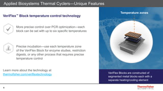 6
Applied Biosystems Thermal Cyclers—Unique Features
Temperature zones
VeriFlex™ Block temperature control technology
More precise control over PCR optimization—each
block can be set with up to six specific temperatures
Precise incubation—use each temperature zone
of the VeriFlex Block for enzyme studies, restriction
digests, or any other process that requires precise
temperature control
Learn more about the technology at
thermofisher.com/veriflextechnology VeriFlex Blocks are constructed of
segmented metal blocks each with a
separate heating/cooling element
 