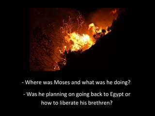 - Where was Moses and what was he doing?
- Was he planning on going back to Egypt or
how to liberate his brethren?
 