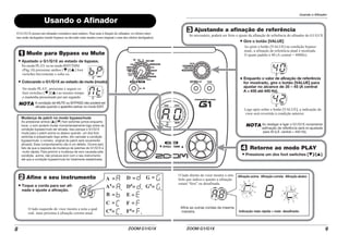 ZOOM G1/G1X8
Usando o Afinador
A8
BP
MT
Mude para Bypass ou Mute
Ajustado o G1/G1X ao estado de bypass.
No modo PLAY ou no modo RHYTHM
(Pág.10) pressione ambos [W]/[Q] foot
switches brevemente e solte-os.
Colocando o G1/G1X ao estado de mute (mudo).
No modo PLAY, pressione e segure os
foot switches [W]/[Q] ao mesmo tempo
e mantenha pressoinado por um segundo.
Afine o seu instrumento
Toque a corda para ser afi-
nada e ajuste a afinação.
O lado esquerdo do visor mostra a nota a qual
está mais próxima à afinação correta atual.
NOTA A condição de MUTE ou BYPASS não poderá ser
ativada quando o aparelho estiver no modo EDIT.
Mudança de patch no modo bypass/mute
Ao pressionar ambos [Q]/[W] foot switches juntos enquanto
tocar, o som poderá mudar momentaneamente logo antes da
condição bypass/mute ser ativada. Isso porque o G1/G1X
muda para o patch acima ou abaixo quando um dos foot
switches é pressionado logo antes. (Ao cancelar a condição
bypass/mute o número original do patch será novamente
ativado). Esse comportamento não é um defeito. Ocorre pelo
fato de que a resposta de mudança de patches do G1/G1X é
muito rápida. Para previnir a mudança de som causada pela
condição acima, não produza som com o seu instrumento
até que a condição bypass/mute for totalmente estabilizada.
O G1/G1X possui um afinador cromático auto-mático. Para usar a função do afinador, os efeitos inter-
nos serão desligados (modo bypass) ou deverão estar mudos (som original e som dos efeitos desligados).
Usando o Afinador
ZOOM G1/G1X 9
A8
40
42
NOTA
Afinação acima Afinação correta Afinação abaixo
Indicação mais rápida = mais desafinado.
Afine as outras cordas da mesma
maneira.
O lado direito do visor mostra o sím-
bolo que indica o quanto a afinação
estará “fora” ou desafinada.
Ao desligar e ligar o G1/G1X novamente
aafinação de referência será re-ajustada
para 40 (LÁ central = 440 Hz).
Ajustando a afinação de referência
Retorne ao modo PLAY
Gire o botão [VALUE]
Enquanto o valor de afinação de referência
for mostrado, gire o botão [VALUE] para
ajustar no alcance de 35 – 45 (A central
A = 435 até 445 Hz).
Pressione um dos foot switches [W]/[Q].
Se necessário, poderá ser feito o ajuste da afinação de referência do afinador do G1/G1X.
Ao girar o botão [VALUE] na condição bypass/
mute, a afinação de referência atual é mostrada.
O ajuste padrão é 40 (A central = 440Hz).
Logo após soltar o botão [VALUE], a indicação do
visor será revertida à condição anterior.
 