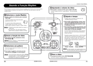 ZOOM G1/G1X10
01
Selecione o modo Rhythm
Ajuste o seletor de módulos para a posição
"RHYTHM".
Inicie a função de rítmo
Selecione um pattern
Para iniciar a função, pressione a tecla
RHYTHM [R/P].
Para mudar os patterns, pressione um dos
footswitches [W]/[Q] no modo Rhythm.
O G1/G1X possui 40 patterns (batidas). Mais informa-
ções veja a página 25.
O número do padráo rítmico atual selecionado
aparecerá no visor (01 – 40).
No modo de rítmoo último pattern sele-
cionado sempre será o ativado. Você não
poderá mudar os patches ou ajustar o volume master.
DICA • A função de rítmo pode também ser usada no
modo PLAY.
• No modo PLAY, você não poderá mudar o
pattern rítmico ou ajustar o volume e o tempo.
NOTA Durante o playback, o módulo REVERB estará
desativado (desligado).
DICA Se você pressionar ambos foot switches [W]/[Q]
ao mesmo tempo, o G1/G1X mudará para o mo-
do bypass/mute (→ p. 8). O modo Rhythm tam-
bém poderá ser usada nessa condição.
Usando a Função Rhythm
O G1/G1X possui uma bateria elerônica interna que reproduz sons de bateria reais em vários patterns.
A função Rhythm está disponível nos modos PLAY e RHYTHM. Essa seção descreve como usar
a função de rítmo.
Usando a Função Rhythm
ZOOM G1/G1X 11
20 40
25
Ponto mostrado
Tempo = 120 BPM Tempo =240 BPM
Pontos mostrados
Ajustando o volume do rítmo
Para ajustar o volume do rítmo, gire o botão [VALUE].
Ajuste o tempo
Para mudar continuamente o tempo, pres-
sione a tecla [BANK UP•TAP] uma vez e de-
pois gire o botão [VALUE] enquanto o valor
é mostrado no visor.
Para especificar o tempo manualmente, pres-
sione a tecla [BANK UP•TAP] pelo menos
duas vezes no intervalo desejado.
Ao girar o botão [VALUE] , o ajuste atual (0 – 30) será mostrado
no visor.
O tempo pode ser ajustado no alcance de 40 –
250 BPM (batidas por minuto).
O G1/G1X detecta automaticamente o tempo à partir do
intervalo o qual a tecla é pressionada repetidamente
(função tap tempo).
Enquanto as etapas acima ocorrem, o valor de tempo
atual (40-250) é mostrado por um tempo no visor.
Para valores no alcance de 100 a 199, um ponto é
mostrado após o primeiro dígito. Para valores acima
de 200 os pontos aparecerão após o primeiro e o
segundo dígito.
Pare o rítmo
Para parar pressione a tecla RHYTHM [R/P].
O G1/G1X retorna à condição anterior.
DICA No modo de rítmo, você também poderá usar o
foot switch (FS01) para especficar o tempo (→ p. 17).
 