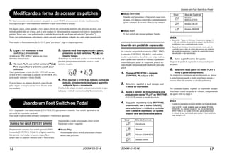 ZOOM G1/G1X16
Modificando a forma de acessar os patches
No funcionamento normal, mudando um patch no modo PLAY, o mesmo será ativado imediatamente.
Isso significa que o som mudará no momento o qual você efetuar a seleção.
Em alguns casos, como quando o novo patch estiver em um local da memória não próximo ao atual, esse
método poderá não ser o ideal, pois o som mudará de várias maneiras enquanto você estiver mudando os
patches. Nesse caso, você poderá mudar o método de seleção do patch para pré-seleção (“pre-select”).
Neste você primeiramente selecionará o patch que será usado adiante e depois fará outra etapa para ativá-lo.
Para mudar o funcionamento do G1/G1X para “pre-select”, siga as etapas seguintes.
1. Ligue o G1 mantendo o foot
switch [Q] pressionado.
A indicação "PrE-SElEct" aparece no visor
durante a inicialização.
2. No modo PLAY, use os foot switches [W]/[Q]
Para especificar o próximo patch a ser
utilizado.
Você poderá usar a tecla [BANK UP•TAP] ou um
switch (FS01) conectado à conexão [CONTROL IN]
para mudar somente o banco (bank).
O novo banco ou número de patch especificado
pelas etapas acima piscará no visor. O som ainda
não mudará.
3. Quando você tiver especificado o patch,
pressione os foot switches [W]/[Q] ao
mesmo tempo.
A mudança de patch será aceita e o visor mudará de
piscante para permanentemente aceso e o som
também mudará.
4. Para retornar o G1/G1X ao método normal de
seleção, simplesmente desligue o aparelho
e depois ligue-o novamente.
O método de seleção do patch será automaticamente re-ajus-
tado para o método convencional de funcionamento.
B0 B0
Usando um Foot Switch ou Pedal
Usando o foot switch (FS01) (G1 Somente)
Simplesmente conecte o foot switch opcional (FS01)
à conexão [CONTROL IN] do G1 e ligue o aparelho.
Isso permite você mudar os bancos e especificar o
tempo para os padrões rítmicos com o foot switch.
Dependendo o modo selecionado, o foot switch
funcionará como o seguinte:
● Modo Play
Pressionando o foot switch selecionará o banco
acima mais próximo.
O G1 é equipado com uma conexão [CONTROL IN] que permite a conexão foot switch opcional ou de
um pedal de expressão opcional.
Essa seção explica como utilizar e configurar o foot switch opcional.
Usando um Foot Switch ou Pedal
ZOOM G1/G1X 17
● Modo RHYTHM
Quando você pressionar o foot switch duas vezes
ou mais, o G1 detecta o intervalo e automaticamente
ajusta o tempo de acordo (função tap tempo).
● Modo EDIT
O foot switch não possui qualquer função.
Usando um pedal de expressão
Ao conectar um pedal de expressão (FP01/ FP02)
à conexão [CONTROL IN] do G1, você poderá
mudar os parâmetros dos efeitos em tempo real ou
usar o pedal como controle de volume. O parâmetro
controlado pelo pedal de expressão poderá ser
especificado e armazenado individualmente para cada
patch.
1. Plugue o FP01/FP02 à conexão
[CONTROL IN] e ligue o G1.
2. Selecione o patch o qual deseja usar
o pedal de expressão.
3. Ajuste o seletor de módulos para uma
posição outra senão "PLAY” ou "RHYTHM".
O G1/G1X entrará no modo de edição.
4. Enquanto mantém a tecla [RHYTHM]
pressionada, use o botão [VALUE]
para selecionar o módulo e controlar
com o pedal de expressão. Os ajustes
disponí veis são mostrados abaixo.
DICA
• Na seção “Tipos de Efeitos e Parâmetros” (págs.19
– 24), um símbolo de pedal indica qual tipo de efeito
parâmetro será controlado pelo pedal.
• Quando um módulo fora selecionado como alvo de
controle, mas o tipo de efeito não possui um símbolo
de pedal de expressão, o pedal de expressão estará
desativado e não funcionará.
5. Salve o patch como desejado.
O ajuste do pedal de expressão é armazenado junto
ao patch.
6. Selecione esse patch no modo PLAY e
mova o pedal de expressão.
As respectivas mudanças que acontecerem ao mover
o pedal (pressionando o pedal para baixo possui o
mesmo efeito de aumentar o valor do parâmetro).
Na condição bypass, o pedal de expressão sempre
funcionará como um pedal de volume, independendo
do ajuste feito na etapa 4.
DICA
Visor Alvo de Controle
Desativado
Volume
Módulo COMP/EFX
Módulo DRIVE
OF
VP
WP
GP
Módulo
MODULATION
Módulo DELAY
Módulo REVERB
Visor Alvo de Controle
MP
DP
RP
• O pedal de expressão funciona também no modo de edição.
• Com o G1X, você poderá usar a tecla [PEDAL
ASSIGN] no painel superior ao invés da tecla
[RHYTHM] e do botão [VALUE] para selecionar
o módulo a ser controlado pelo pedal. Para detalhes,
veja a página 26.
 