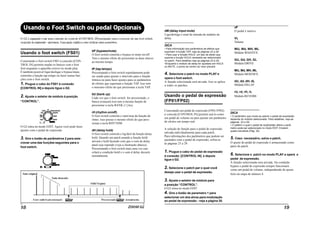 Usando o foot switch (FS01)
Conectando o foot switch FS01 à conexão [CON-
TROL IN] permite mudar os bancos com o foot
foot enquanto o aparelho estiver no modo play.
É também possível ligar/desligar o bypass/mute,
controlar a função tap tempo ou fazer outras fun-
ções com o foot switch.
1. Plugue o cabo do FS01 à conexão
[CONTROL IN] e depois ligue o G2.
2. Ajuste o seletor de módulo à posição
“CONTROL”.
O G2 entra no modo EDIT. Agora você pode fazer
ajustes com o pedal de expressão.
3. Gire o botão de parâmetros 2 para sele-
cionar uma das funções seguintes para o
foot switch.
bP (bypass/mute)
O foot switch controla o bypass or mute on/off.
Tem o mesmo efeito de pressionar as duas chaves
ao mesmo tempo.
tP (tap tempo)
Pressionando o foot switch repetidamente pode
ser usado para ajustar o intervalo para a função
rítmica ou para fazer ajustes para os parâmetros
de efeitos que suportam a função TAP. Isso tem
o mnesmo efeito do que presisonar a tecla TAP.
bU (bank up)
Cada vez que o foot switch for pressionado, o
banco avançará.Isso tem a mesma função de
pressionar a tecla BANK [+] key.
rH (rhythm on/off)
O foot switch controla o start/stop da função de
rítmo. Isso possui o mesmo efeito do que pres-
sionar a tecla RHYTHM.
dH (delay hold)
O foot switch controla o lig/desl da função delay
hold. Quando um patch usando a função hold
ativará o hold fazendo com que o som de delay
atual seja repetido (veja a ilustração abaixo).
Pressionando o foot switch mais uma vez can-
celará a condição hold e o som d delay decairá
normalmente.
dM (delay input mute)
Liga/desliga o sinal de entrada do módulo de
delay.
DICA
• Para informação dos parâmetros de efeitos que
suportam a função TAP, veja as páginas 23 a 29
• Para usar a função HOLD, um tipo de efeito que
suporta a função HOLD necessita ser selecionado
no patch. Para detalhes veja as páginas 23 a 29.
•Enquanto o módulo de delay for ajustado em HOLD
ou MUTE, o ponto ao centro do visor piscará.
4. Selecione o patch no modo PLAY e
opere o foot switch.
A função selecionada será ativada. Isso se aplica
a todos os patches.
Usando o pedal de expressão
(FP01/FP02)
Conectando um pedal de expressão (FP01/FP02)
a`conexão [CONTROL IN] permite usá-lo como
um pedal de volume ou para ajustar um parâmetro
de efeitos em tempo real.
A seleção de função para o pedal de expressão
salvada individualmente para cada patch.
Para informações dos parâmetros que podem ser
ajustados com o pedal de expressão, refira-se
às páginas 23 a 29.
1. Plugue o cabo do pedal de expressão
à conexão [CONTROL IN] e depois
ligue o G2.
2. Selecione o patch par o qual você
deseja usar o pedal de expressão.
3. Ajuste o seletor de módulo para
a posição “CONTROL”.
O G2 entra no modo EDIT.
4. Gire o botão de parametro 1 para
selecionar um dos alvos para modulação
ao pedal de expressão - veja a página 30.
oF
O pedal é inativo.
VL
Volume
WU, Wd, WH, WL
Módulo WAH/EFX
GU, Gd, GH, GL
Módulo DRIVE
MU, Md, MH, ML
Módulo MOD/SFX
dU, dd, dH, dL
Módulo DELAY
rU, rd, rH, rL
Módulo REVERB
DICA
• O parâmetro que muda ao operar o pedal de expressão
depende do módulo selecionado. Para detalhes, veja as
páginas 23 a 29.
• O pattern o qual o pedal de exp[ressão altera o parâ-
metro pode ser selecionado no modo EDIT. Existem
quatro escolhas.(Pág. 30)
5. Caso necessáiro, salve o patch.
O ajuste do pedal de expressão é armazenado como
parte do patch.
6. Selecione o patch no modo PLAY e opere o
pedal de expressão.
A função selecionada será ativada. Na condição
bypass o pedal de expressão sempre funcionará
como um pedal de volume, independendo do ajuste
feito na etapa de número 4.
 