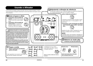 O G2 incorpora um afinador cromático auto-mático. Para usar a função do afinador, os efeitos
internos necessitam ser desligados (modo bypass) ou devem estar mudos (som original e som dos
efeitos desligados).
Mudar p/ bypass ou Mute
Colocando o G2 ao estado de
bypass. No modo PLAY, pressione
e solte os dois foot-switches rapida-
mente.
Colocando o G2 ao estado de
mute (mudo). No modo PLAY,
pressione e segure os dois foot-
switches por mais de um segundo.
Quando pressionar os dois foot switches juntos enquanto
tocar um instrumento, a condição bypass/mute é ativada.
De qualquer maneira, o som poderá mudar logo antes da
condição ser ativada. Isso ocorre pois o G2 muda para o
próximo patch acima ou abaixo quando uma das chaves
for pressionada antes da outra. (Quando você cancelar a
condição bypass/mute, o número originaldo patch será
ativado novamente).
Esse tipo de comportamento não é um defeito. Isso ocore
por causa da alta velocidade de mudança de patch do G2.
Para previnir a mudança causada pela condição acima, não
produza o som com o seu instrumento até que a condição
bypass/mute esteja estabilizada.
Mudança de patch no modo bypass/mute
Adjustando a afinação de referência
Se necessário, poderá ser feito o ajuste da afinação de referência do afinador do
G2. O ajuste inicial após ligar o G2 é LÁ central A=440 Hz.
Gire o botão de parâmetro 1.
A afinação de referência atual é mostrada. O alcan-
ce para o ajuste é de 35 – 45 (A central A = 435
até 445 Hz).
Enquanto o valor de afinação de referên-
cia é mostrado, gire o botão 1 para ajus-
tá-lo.
Quandovocê soltar o botão, a indicação do visor re-
tornará à condição anterior após um instante.
NOTA
Ao desligar e ligar o G2 novamente, a afinação de re-
ferência será reajustada para 40 (LÁ central=440 Hz).
Retorne ao modo play
Pressione um dos foot-switches.
Toque a corda
Toque a corda para ser afinada e
ajuste a afinação.
O lado esquerdo do visor mostra a nota a qual está
mais próxima à afinação correta atual.
O ladodireito do visor mostra
oum símbolo que indica o quanto
a afinação estará fora.
Afine as outras cordas da mesma
maneira.
Afinação acima Afinação abaixo
Quanto mais rápida ficar a indicação,
mais a afinação estará fora.
 