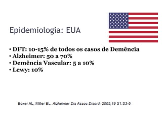 Epidemiologia: EUA
• DFT: 10-15% de todos os casos de Demência
• Alzheimer: 50 a 70%
• Demência Vascular: 5 a 10%
• Lewy: 10%
 