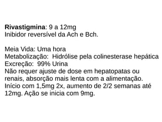 Rivastigmina: 9 a 12mg
Inibidor reversível da Ach e Bch.
Meia Vida: Uma hora
Metabolização: Hidrólise pela colinesterase hepática
Excreção: 99% Urina
Não requer ajuste de dose em hepatopatas ou
renais, absorção mais lenta com a alimentação.
Início com 1,5mg 2x, aumento de 2/2 semanas até
12mg. Ação se inicia com 9mg.
 