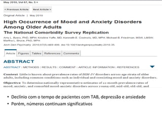 • Declínio com o tempo de pacientes com TAB, depressão e ansiedade
• Porém, números continuam significativos
 