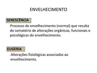 ENVELHECIMENTO
SENESCÊNCIA
Processo de envelhecimento (normal) que resulta
do somatório de alterações orgânicas, funcionais e
psicológicas do envelhecimento.
EUGERIA
Alterações fisiológicas associadas ao
envelhecimento.
 
