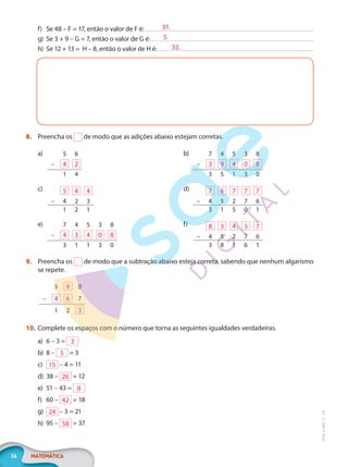 16 MATEMÁTICA
EF20_6_MAT_L1_CA
f) Se 48 – F = 17, então o valor de F é:
g) Se 3 + 9 – G = 7, então o valor de G é:
h) Se 12 + 13 = H – 8, então o valor de H é:
8. Preencha os de modo que as adições abaixo estejam corretas.
a) 5 6
– 4 2
1 4
c) 5 4 4
– 4 2 3
1 2 1
e) 7 4 5 3 8
– 4 3 4 0 8
3 1 1 3 0
b) 7 4 5 3 8
– 3 9 4 0 8
3 5 1 3 0
d) 7 6 7 7 7
– 4 5 2 7 6
3 1 5 0 1
f) 8 3 4 3 7
– 4 5 2 7 6
3 8 1 6 1
9. Preencha os de modo que a subtração abaixo esteja correta, sabendo que nenhum algarismo
se repete.
5 9 0
– 4 6 7
1 2 3
10. Complete os espaços com o número que torna as seguintes igualdades verdadeiras.
a) 6 – 3 = 3
b) 8 – 5 = 3
c) 15 – 4 = 11
d) 38 – 26 = 12
e) 51 – 43 = 8
f) 60 – 42 = 18
g) 24 – 3 = 21
h) 95 – 58 = 37
31.
5.
33.
PG20LP261SAMC_MIOLO_EF20_6_MAT_L1_CA_LP.indb 16 20/09/2019 14:22:48
 