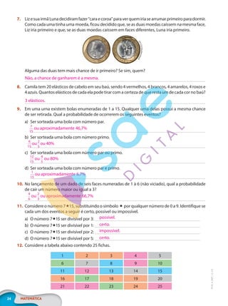 24 MATEMÁTICA
EF20_6_MAT_L2_CA
7. LizesuairmãLunadecidiramfazer"caraecoroa"paraverquemiriasearrumarprimeiroparadormir.
Como cada uma tinha uma moeda, ficou decidido que, se as duas moedas caíssem na mesma face,
Liz iria primeiro e que, se as duas moedas caíssem em faces diferentes, Luna iria primeiro.
c
h
1
2
3
/
S
h
u
t
t
e
r
s
t
o
c
k
Alguma das duas tem mais chance de ir primeiro? Se sim, quem?
8. Camila tem 20 elásticos de cabelo em seu baú, sendo 4 vermelhos, 4 brancos, 4 amarelos, 4 roxos e
4 azuis. Quantos elásticos de cada ela pode tirar com a certeza de que resta um de cada cor no baú?
9. Em uma urna existem bolas enumeradas de 1 a 15. Qualquer uma delas possui a mesma chance
de ser retirada. Qual a probabilidade de ocorrerem os seguintes eventos?
a) Ser sorteada uma bola com número par.
b) Ser sorteada uma bola com número primo.
c) Ser sorteada uma bola com número par ou primo.
d) Ser sorteada uma bola com número par e primo.
10. No lançamento de um dado de seis faces numeradas de 1 à 6 (não viciado), qual a probabilidade
de cair um número maior ou igual a 3?
11. Considere o número 715, substituindo o símbolo  por qualquer número de 0 a 9. Identifique se
cada um dos eventos a seguir é certo, possível ou impossível.
a) O número 715 ser divisível por 3:
b) O número 715 ser divisível por 1:
c) O número 715 ser divisível por 2:
d) O número 715 ser divisível por 5:
12. Considere a tabela abaixo contendo 25 fichas.
1 2 3 4 5
6 7 8 9 10
11 12 13 14 15
16 17 18 19 20
21 22 23 24 25
Não, a chance de ganharem é a mesma.
3 elásticos.
7
15
ou aproximadamente 46,7%
6
15
ou
2
5
ou 40%
12
15
ou
4
5
ou 80%
1
15
ou aproximadamente 6,7%
4
6
ou
2
3
ou aproximadamente 66,7%
possível.
certo.
impossível.
certo.
PG20LP262SAMC_MIOLO_EF20_6_MAT_L2_CA_LP.indb 24 20/12/2019 11:21:52
 