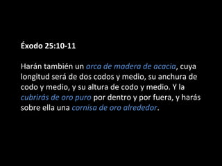 Éxodo 25:10-11
Harán también un arca de madera de acacia, cuya
longitud será de dos codos y medio, su anchura de
codo y medio, y su altura de codo y medio. Y la
cubrirás de oro puro por dentro y por fuera, y harás
sobre ella una cornisa de oro alrededor.

 
