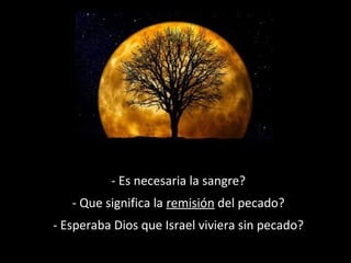 - Es necesaria la sangre?
- Que significa la remisión del pecado?
- Esperaba Dios que Israel viviera sin pecado?

 