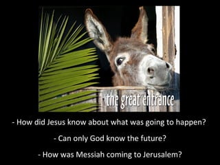 - How did Jesus know about what was going to happen?
- Can only God know the future?
- How was Messiah coming to Jerusalem?
 