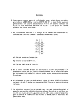 Ejercicios.
1. Supongamos que un grupo de profesionales en un país A tienen un salario
promedio de US$26.888 y varianza US$14.400. En un país B otro grupo de
profesionales con iguales características reciben un salario promedio de
US$8.570 con desviación estándar de US$80. ¿Cuál grupo de salarios
presenta una menor variabilidad?.
2. En un inventario realizado en la bodega de un almacén se encontraron 200
artículos que fueron importados a diferentes precios (en dólares)
Xi fi
20,5 20
32,0 30
48,6 50
50,0 60
60,4 40
200
a) Calcular la desviación estándar.
b) Calcular le desviación media.
c) Calcular coeficiente de variación.
3. En el primer semestre de este año 30 empresas tuvieron en promedio $374
millones en gastos con una varianza de $80 millones. Por un error cada una de
las empresas no contabilizó $7 millones en los gastos. Corregir el promedio y
la varianza.
4. 80 empleados de una compañía tiene un salario promedio de $125.000 y una
varianza $12.000. Si reciben un reajuste del 20%. Calcular el nuevo promedio y
varianza.
5. Se administra un antibiótico al ganado para combatir cierta enfermedad, el
peso (en gramos) del antibiótico depende del peso del animal, el cual debe ser
medido con mucha precisión, puesto que una sobredosis puede ser perjudicial
para el animal. A continuación se muestra la distribución de frecuencia del
peso de las dosis.
 
