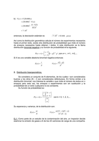 b) )
000
.
30
(
)
( x
V
c
V =
9
2
2
2
10
7
)
3
,
0
(
)
3
,
0
1
(
)
000
.
30
(
)
(
)
000
.
30
(
⋅
=
−
⋅
=
⋅
= x
V
entonces, la desviación estándar es pesos
666
.
83
10
7 9
=
⋅
Así como la distribución geométrica calcula el número de experimentos necesarios
hasta el primer éxito, existe otra distribución de probabilidad que mide el número
de ensayos necesarios hasta obtener r éxitos. A esta distribución se le llama
distribución binomial negativa y su función de probabilidad el la siguiente.
( ) r
r
x
p
p
r
x
r
x
P
−
−








−
−
=
= 1
1
1
)
( ,con x= r, r+1, r+2,...
Si X es una variable aleatoria binomial negativa entonces
p
r
x
E =
)
( 2
)
1
(
)
(
p
p
r
x
V
−
=
2. Distribución hipergeométrica.
Se considera un conjunto de N elementos, de los cuales r son considerados
buenos y los otros (N - r) son considerados defectuosos. En forma similar a la
distribución binomial, nos interesa la variable x que mide el número de éxitos en n
ensayos pero esta vez, los ensayos o experimentos son sin sustitución y la
probabilidad de un éxito cualquiera no es constante.
Su función de probabilidad es:
















−
−








=
=
n
N
k
n
r
N
k
r
k
x
P )
( con k = 0, 1, 2, 3,...
Su esperanza y varianza, de la distribución son:
N
nr
x
E =
)
(
)
1
(
)
)(
(
)
( 2
−
−
−
=
N
N
n
N
r
N
nr
x
V
Ej.1: Como parte de un estudio de la contaminación del aire, un inspector decide
examinar la emisión de gases a 6 de los 24 camiones de carga de una compañía.
 