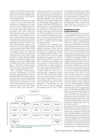 tions that the 30% GOS in urban areas spatial management. In contrast, the
consist of properties which are 20% hierarchical system indicates that dispublic and 10% private (DJPR, 2007). trict spatial planning is considered an
It was not stated how the amount of elaboration of higher ranking spatial
planning” (Moelino, 2011: 180). The
30% was determined.
Open Spaces are defined as spaces framework used from spatial planning
in the city or the wider region that to implementing GOSs involves seveare either an elongated spot or lanes ral steps. Aside from PEDOMAN, the
which are free of buildings and where agencies involved in spatial planning at
use is more open. Open spaces con- the national, provincial, regency, and
sist of green open space (GOS) and city levels have to determine the spanon-green open space. Non-green tial plan in accordance with their abiliOpen Spaces are open spaces in urban ties. The Spatial Plan has to give inforareas which are not included in the ca- mation about the minimum size of the
tegory of green spaces; they are paved area, the type and location for GOSs,
areas and water bodies. Private GOSs the stages of implementation for the
are owned by a particular institution or provision of GOSs, and its intended
individuals and access to them is limi- use more generally.
Furthermore, the Detailed Plan,
ted to others. It can be a garden or the
courtyard of a house, public building created by the urban regions and cities,
or private planted land. Public GOSs, includes information about specific
such as parks, streets, and areas such GOS provisions by type, location and
as riverbank greenery are owned and dimension on a smaller scale (1:5000).
managed by local cities or counties for The Detailed Plan determines tools
the benefit of everyone. The so-called and measurements for a five year plan,
Coefficient of Basic Buildings (CBB), including the acquisition of existing
defined as the percentage of first floor GOSs, creating local strategies for
buildings to land area (DJPR, 2008), long- and short-term objectives, and
should be low to allow a high percen- the evaluation of priority GOS areas.
tage of GOS. The land-use targets It indicates how to realize concepts in
shall be related to the spatial distribu- each area and city district and provides
the zoning regulations (ibid.) (Fig. 2).
tion of the urban population (Fig. 1).
Experts judge the clause as a miSPL encourages decentralization
and more opportunities on the level lestone because, compared to former
of local governments (Dewi, 2011). In laws, SPL 2007 includes the empowIndonesia, SPL 2007 follows a dual sys- erment of people and gives citizens
tem of hierarchy and parallel planning. more rights to participate in the de“A parallel system refers to the fact that cision-making process. Spatial plans
each government unit possesses more and construction projects must be
or less similar authorities in spatial ma- published, so local people can obnagement, which creates the impres- ject more easily if abuse is suspected.
sion that districts have autonomy in The people’s point of view is reflecUrban Space

Source: Own display based on DJPR, 2008: 64

Close Areas

Occupied 40%

Open Areas

Non- Occupied
40%

Park 12,5%

Street 20%

Other 7,5%

CCB 80%

CCB 90%

CCB 0%

CCB 70%

CCB 80%

GOS 8%

GOS 2%

GOS 12,5%

GOS 6%

GOS 1,5%

GOS Private
10%

Fig. 1: Land-use targets in Indonesian cities according to SPL 2007
(CCB = Coefficient Basic Buildings)

28

GOS Public
20%

ted more than in former laws. The law
takes GOSs into consideration, which
has never been done before. Sanctions
will (theoretically) be enacted if the
guidelines of the detailed plan are not
implemented. Within the former legal framework, GOSs could easily be
transformed into commercial or residential areas with no consequences.
Challenges in the
Implementation
The next step is to look in to the practice
of realizing GOSs. Several cities have
achieved 30% of green space, but as
mentioned in an interview, the practical
definition of GOS is sometimes disparate from the official one in the law. Zoning separates GOSs from other green
spaces like agricultural areas or roof top
gardens. The law requires action, especially from the local governments. Sanctions in form of administrative fines
threaten the local government as well
as allegations from the civil population
of failed city management policy. As
mentioned in an interview, mayors are
judged by their performance in the last
legislative period, especially in context
of economic stability, more so than by
how they have kept up with long-term
environmental standards. Consequently,
most city governments lag behind the
target increase of the share of GOS.
However, these spaces are in competition with the interests of investors
and land acquisition by city developers,
who have built new towns like Kebayoran Baru in Jakarta. Such complexes
of hotels, office buildings and other
facilities are in competition with other
new towns. The boost of mega projects
since the 1980s (Rimmer&Dick, 2009)
ends up courting customers and results
in the transformation and decline of
green areas. The interview partners expressed that local governments are not
prevailing enough against the economic powers that force their hands. The
government will ultimately define any
green area as GOS.
An interviewee from the Ministry of
Public Works affirms that since the new
law has come into force, land transformation does not happen anymore, but
“many local governments are in euphoria
in claiming their resources with less consideration of public good” where GOS
is included (Dewi, 2011: 24). The risk
of being prosecuted rose with the legal
empowerment of the people, however,
instruments of control and sanctions
are quite weak or nearly nonexistent.

Pacific Geographies #41 • January/February 2014

 
