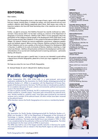 3Pacific Geographies #44 • July/August 2015
Pacific Geographies
EDITORIAL
Dear readers,
This issue of Pacific Geographies ...