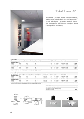 28
Pleiad Power LED
Luminaire, Fast
LED-module, lm, W Colour temp., K Luminous flux, lm Efficiency, lm/W Ra (CRI) Life Colour quality
Distribution angle 24°
1000, 18 3000 897 43 ≥ 80 L70 50.000 h MacAdam 2 SDCM 77530
1000, 18 4000  885 43 ≥ 80 L70 50.000 h MacAdam 2 SDCM 77531
Distribution angle 42°
1000, 18 3000  875 43 ≥ 80 L70 50.000 h MacAdam 2 SDCM 77532
1000, 18 4000  864 42 ≥ 80 L70 50.000 h MacAdam 2 SDCM 77533
For current information on output and luminous flux, see www.fagerhult.co.uk.
Accessories
LED ballast 33 W, 350/700 mA 99006
LED ballast 30 W, 700 mA dimmable via
DSI/DALI/ switchDIM 99004
Luminaire, Flex
LED-module, lm, W Colour temp., K Luminous flux, lm Efficiency, lm/W Rotate/Tilt Ra (CRI) Life Colour quality
Distribution angle 24°
1000, 18 3000 897 43 355°/ 60° ≥ 80 L70 50.000 h MacAdam 2 SDCM 77534
1000, 18 4000  885 43 355°/ 60° ≥ 80 L70 50.000 h MacAdam 2 SDCM 77535
Distribution angle 42°
1000, 18 3000  875 43 355°/ 60° ≥ 80 L70 50.000 h MacAdam 2 SDCM 77536
1000, 18 4000  864 42 355°/ 60° ≥ 80 L70 50.000 h MacAdam 2 SDCM 77537
For current information on output and luminous flux, see www.fagerhult.co.uk.
∅ 113
∅ 98
147
∅ 100
t Max 30
∅ 146
∅ 146
130
137 92
177
∅ 138
t Max 30
Pleiad Power LED is a small, efficient downlight that brings
power economy and energy efficiency into one complete
package. The luminaire is designed for entrances, meeting
halls and showrooms and other applications which require
a varied generous, general light.
 
