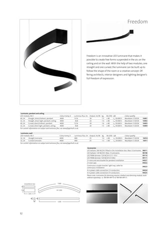 32
Freedom
Freedom is an innovative LED luminaire that makes it
possible to create free forms suspended in the air, on the
ceiling and on the wall. With the help of two modules, one
straight and one curved, the luminaire can be built up to
follow the shape of the room or a creative concept. Of-
fering architects, interior designers and lighting designer’s
full freedom of expression.
Luminaire, pendant and ceiling
LED-module, W, V Colour temp, K Luminous flux, lm Output, lm/W kg Ra (CRI) Life Colour quality
40, 24 Straight, direct/indirect, pendant 4000 1216 30 1.5 ≥ 80 L70 50.000 h MacAdam 5 SDCM 16901
32, 24 Straight, direct light, pendant, ceiling 4000 828 26 1.4 ≥ 80 L70 50.000 h MacAdam 5 SDCM 16902
40, 24 Curved, direct/indirect, pendant 4000 1216 30 1.6 ≥ 80 L70 50.000 h MacAdam 5 SDCM 16903
32, 24 Curved, direct light, pendant, ceiling 4000 828 26 1.5 ≥ 80 L70 50.000 h MacAdam 5 SDCM 16904
For current information on output and luminous flux, see www.fagerhult.co.uk.
Accessories
LED ballasts 300 W/24 V fitted in the installation box. Max. 6 luminaires. 98011
LED ballasts 120 W/24 V. Max. 3 luminaires. 98198
LED PWM dimmer 120 W/24 V D 1–10 V 99110
LED PWM dimmer 120 W/24 V D DALI 99111
2⊗wire and wire bracket for pendant installation 94021
2⊗end-caps 94022
Continuous coupler bracket, light trap, cable for
continuous installation
94023
4 m power cable connection 2⊗conductors 94024
4 m power cable connection 4⊗conductors 94025
Please note; luminaires for dimming require a ballast and dimming module, both
ordered separately- i.e. 98198+99110 or 98198+99111.
1200
1300
R=1200
430
136
60
Installation box
48 48
48
Luminaire, wall
LED-module, W, V Colour temp, K Luminous flux, lm Output, lm/W kg Ra (CRI) Life Colour quality
32, 24 Straight luminaire 4000 800 25 1.4 ≥ 80 L70 50.000 h MacAdam 5 SDCM 16910
32, 24 Curved luminaire 4000 800 25 1.5 ≥ 80 L70 50.000 h MacAdam 5 SDCM 16911
For current information on output and luminous flux, see www.fagerhult.co.uk.
 