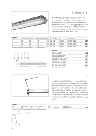34
G5
G5 is a luminaire for task lighting on a desk or other wor-
king areas. LED technology makes it an extremely energy-
efficient alternative to traditional halogen solutions. This
approach has contributed towards a enhanced ability to
adjust the direction of the light, focusing on the desktop
with minimal upward spill. The design of the fixture takes
advantage of all the benefits of the technology, combining
small dimensions with clean lines. Cost-effective everyday
luxury!
Luminaire
System, W Colour temp, K Luminous flux, lm Efficiency, lm/W Ra (CRI) Life Colour quality
8 3000 247 29 ≥ 80 L70 50.000 h MacAdam 5 SDCM 62005
For current information on output and luminous flux, see www.fagerhult.co.uk.
∅ 78
80
390
450
Densus LED
D
AB
C
W B C D
27 678 181 106 460
27 678 181 106 460
56 1278 181 106 800
70 1578 181 106 1100
15 678 181 106 460
A
Accessories
Cable wire bracket/pair 91334
Conduit bracket/pair 91198
Adjustable ceiling bracket/pair 91374
Adjustable wall bracket/pair 91375
Wall bracket, 135 °, L=200 mm/st 91313
Wall bracket, 90°, L=150 mm/st 91508
Wall bracket, 90°, L=250 mm/st 91509
Spare shade for 15 W/678 mm 90352
Spare shade for 27 W/678 mm 90355
Spare shade for 56 W/1278 mm 90356
Spare shade for 70 W/1578 mm 90357
Luminaire
System, W Colour temp., K Luminous flux, lm Efficiency, lm/W Length kg Ra (CRI) Life Colour quality
15 3000 1000 68 678 2.5 ≥ 80 L70 50.000 h MacAdam 5 SDCM 34480
27 3000 1900 70 678 3.0 ≥ 80 L70 50.000 h MacAdam 5 SDCM 34481
27 5700 2200 73 678 3.0 ≥ 80 L70 50.000 h MacAdam 5 SDCM 34471
56 5700 4500 80 1278 4.8 ≥ 80 L70 50.000 h MacAdam 5 SDCM 34473
70 5700 5300 75 1578 5.5 ≥ 80 L70 50.000 h MacAdam 5 SDCM 34475
For current information on output and luminous flux, see www.fagerhult.co.uk.
LED technology requires good cooling for optimal per-
formance, which makes it extra useful in cold or well-
ventilated areas. LEDs also lights up quickly, even at low
temperatures. Densus LED is a sturdy lighting solution for
cool spaces, such as refrigeration and freezer rooms, lo-
ading docks and other environments where the luminaire
is switched on and off many times a day.
 