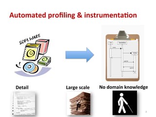 Automated	
  proﬁling	
  &	
  instrumenta4on	
  
Detail	
   No	
  domain	
  knowledge	
  
Large	
  scale	
  
3	
  
 