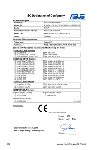 102 Manual Electrónico do PC Portátil
EC Declaration of Conformity
We, the undersigned,
Manufacturer: ASUSTek COMPUTER INC.
Address, City: 4F,No.150, LI-TE RD., PEITOU, TAIPEI 112,TAIWAN R.O.C.
Country: TAIWAN
Authorized representative in Europe: ASUS COMPUTER GmbH
Address, City: HARKORT STR. 21-23, 40880 RATINGEN
Country: GERMANY
declare the following apparatus:
Product name : Notebook PC
Model name : X202E, F202E, R200E, X201E, F201E, R201E, Q200
conform with the essential requirements of the following directives:
2004/108/EC-EMC Directive
EN 55022:2010
EN 61000-3-2:2006 + A2: 2009
EN 55013:2001+A1:2003+A2:2006
EN 55024:2010
EN 61000-3-3:2008
EN 55020:2007+A11:2011
1999/5/EC-R TTE Directive
EN 300 328 V1.7.1(2006-10)
EN 300 440-1 V1.6.1(2010-08)
EN 300 440-2 V1.4.1(2010-08)
EN 301 511 V9.0.2(2003-03)
EN 301 908-1 V4.2.1(2010-03)
EN 301 908-2 V3.2.1(2007-05)
EN 301 893 V1.4.1(2005-03)
EN 302 544-2 V1.1.1(2009-01)
EN 50360:2001
EN 50371:2002
EN 62311:2008
EN 301 489-1 V1.8.1(2008-04)
EN 301 489-3 V1.4.1(2002-08)
EN 301 489-4 V1.3.1(2002-08)
EN 301 489-7 V1.3.1(2005-11)
EN 301 489-9 V1.4.1(2007-11)
EN 301 489-17 V2.1.1(2009-05)
EN 301 489-24 V1.5.1(2010-09)
EN 302 326-2 V1.2.2(2007-06)
EN 302 326-3 V1.3.1(2007-09)
EN 301 357-2 V1.3.1(2006-05)
EN 302 623 V1.1.1(2009-01)
2006/95/EC-LVD Directive
EN 60950-1 / A11:2009
EN 60950-1 / A12:2011
EN 60065:2002+A1:2006+A11:2008
EN 60065:2002 / A12:2011
2009/125/EC-ErP Directive
Regulation (EC) No. 1275/2008
EN 62301:2005
Regulation (EC) No. 642/2009
EN 62301:2005
Regulation (EC) No. 278/2009
EN 62301:2005
Ver. 120601
CE marking
Declaration Date: Sep. 30, 2012
Year to begin affixing CE marking:2012
Position : CEO
Name : Jerry Shen
Signature : __________
(EC conformity marking)
 