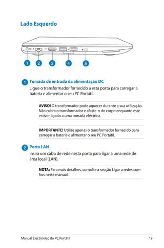 Manual Electrónico do PC Portátil 19
Lado Esquerdo
Tomada de entrada da alimentação DC
Ligue o transformador fornecido a esta porta para carregar a
bateria e alimentar o seu PC Portátil.
AVISO! O transformador pode aquecer durante a sua utilização.
Não cubra o transformador e afaste-o do corpo enquanto este
estiver ligado a uma tomada eléctrica.
IMPORTANTE! Utilize apenas o transformador fornecido para
carregar a bateria e alimentar o seu PC Portátil.
Porta LAN
Insira um cabo de rede nesta porta para ligar a uma rede de
área local (LAN).
NOTA: Para mais detalhes, consulte a secção Ligar a redes com
fios neste manual.
 