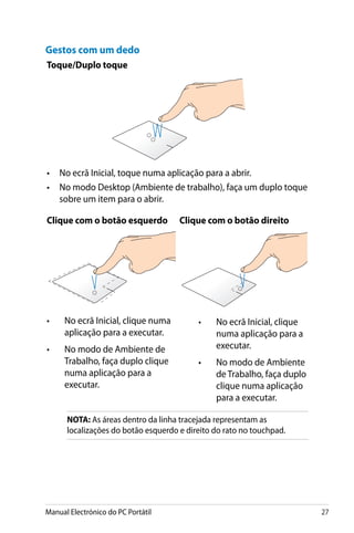 Manual Electrónico do PC Portátil 27
Gestos com um dedo
Toque/Duplo toque
No ecrã Inicial, toque numa aplicação para a abrir.
No modo Desktop (Ambiente de trabalho), faça um duplo toque
sobre um item para o abrir.
•
•
Clique com o botão esquerdo Clique com o botão direito
•	 No ecrã Inicial, clique numa
aplicação para a executar.
•	 No modo de Ambiente de
Trabalho, faça duplo clique
numa aplicação para a
executar.
•	 No ecrã Inicial, clique
numa aplicação para a
executar.
•	 No modo de Ambiente
de Trabalho, faça duplo
clique numa aplicação
para a executar.
NOTA: As áreas dentro da linha tracejada representam as
localizações do botão esquerdo e direito do rato no touchpad.
 
