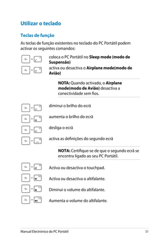 Manual Electrónico do PC Portátil 31
Teclas de função
As teclas de função existentes no teclado do PC Portátil podem
activar os seguintes comandos:
Utilizar o teclado
coloca o PC Portátil no Sleep mode (modo de
Suspensão)
activa ou desactiva o Airplane mode(modo de
Avião)
NOTA: Quando activado, o Airplane
mode(modo de Avião) desactiva a
conectividade sem fios.
diminui o brilho do ecrã
aumenta o brilho do ecrã
desliga o ecrã
activa as definições do segundo ecrã
NOTA: Certifique-se de que o segundo ecrã se
encontra ligado ao seu PC Portátil.
Activa ou desactiva o touchpad.
Activa ou desactiva o altifalante.
Diminui o volume do altifalante.
Aumenta o volume do altifalante.
 
