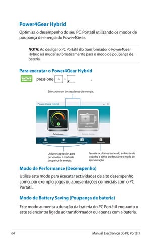 64 Manual Electrónico do PC Portátil
Power4Gear Hybrid
Optimiza o desempenho do seu PC Portátil utilizando os modos de
poupança de energia do Power4Gear.
NOTA: Ao desligar o PC Portátil do transformador o Power4Gear
Hybrid irá mudar automaticamente para o modo de poupança de
bateria.
Para executar o Power4Gear Hybrid
Seleccione um destes planos de energia..
Utilize estas opções para
personalizar o modo de
poupança de energia.
Permite ocultar os ícones do ambiente de
trabalho e activa ou desactiva o modo de
apresentação.
Modo de Battery Saving (Poupança de bateria)
Este modo aumenta a duração da bateria do PC Portátil enquanto o
este se encontra ligado ao transformador ou apenas com a bateria.
Modo de Performance (Desempenho)
Utilize este modo para executar actividades de alto desempenho
como, por exemplo, jogos ou apresentações comerciais com o PC
Portátil.
pressione .
 